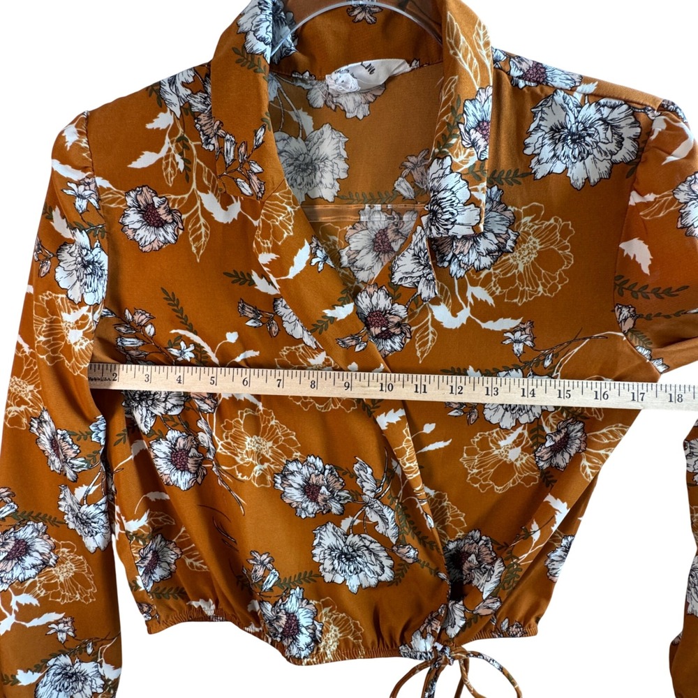 Sadie & Love Floral Wrap Top Small Mustard Orange Long Sleeve Boho Crop Blouse S - Picture 5 of 6